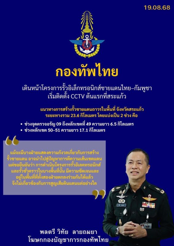 กองทัพไทยเดินหน้าโครงการรั้วอิเล็กทรอนิกส์ชายแดนไทย–กัมพูชา เริ่มติดตั้ง CCTV ต้นแรกที่สระแก้ว